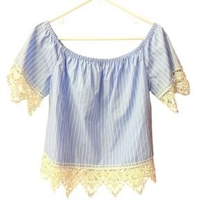 Ambiance Off Shoulder Top Womens Medium Blue Striped Fairy Lace Trim Blouse